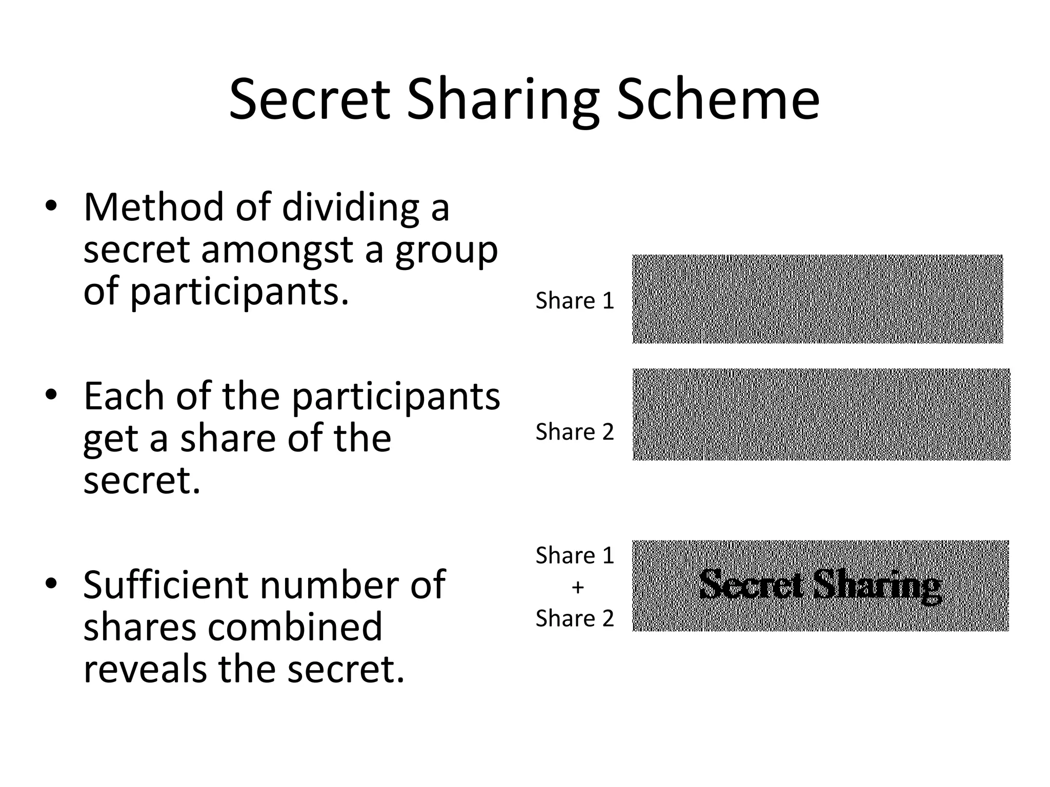 Secret Sharing Scheme
• Method of dividing a
  secret amongst a group
  of participants.           Share 1


• Each of the participants
  get a share of the         Share 2

  secret.
                             Share 1
• Sufficient number of          +
                             Share 2
  shares combined
  reveals the secret.
 