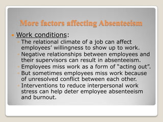 More factors affecting AbsenteeismWork conditions:The relational climate of a job can affect employees’ willingness to show up to work.Negative relationships between employees and their supervisors can result in absenteeism.Employees miss work as a form of “acting out”.But sometimes employees miss work because of unresolved conflict between each other.Interventions to reduce interpersonal work stress can help deter employee absenteeism and burnout.