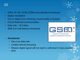 2G 
• GSM, IS-136, IS-95 (CDMA one) standard introduced 
• Digital modulation 
• Due to digital error checking, sound quality increased 
• Circuit Switched communication 
• Data rate : 19.3 kbps 
• SMS & E-mail feature introduced 
• Drawbacks: 
• Very Low data rate 
• Limited internet browsing 
• Weaker digital signal will not reach a cell tower in less populous 
area 
 