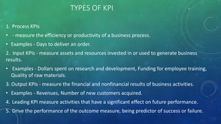 TYPES OF KPI
1. Process KPIs
• - measure the efficiency or productivity of a business process.
• Examples - Days to deliver an order.
2. Input KPIs - measure assets and resources invested in or used to generate business
results.
• Examples - Dollars spent on research and development, Funding for employee training,
Quality of raw materials.
3. Output KPIs - measure the financial and nonfinancial results of business activities.
• Examples - Revenues, Number of new customers acquired.
4. Leading KPI measure activities that have a significant effect on future performance.
5. Drive the performance of the outcome measure, being predictor of success or failure.
 
