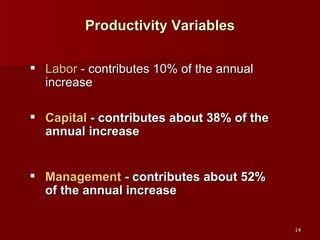 Productivity Variables Labor  - contributes 10% of the annual increase Capital   - contributes about 38% of the annual increase Management  - contributes about 52% of the annual increase 