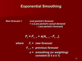 Exponential Smoothing New forecast = Last period’s forecast +  a   ( Last period’s actual demand  –  Last period’s forecast ) F t  = F t  – 1  +   a( A t  – 1  -  F t  – 1 ) where F t = new forecast F t  – 1 = previous forecast a = smoothing (or weighting)  constant  (0  ≤  a  ≤  1) 