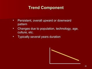 Persistent, overall upward or downward pattern Changes due to population, technology, age, culture, etc. Typically several years duration  Trend Component 