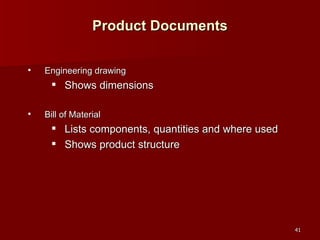 Engineering drawing Shows dimensions Bill of Material  Lists components, quantities and where used Shows product structure Product Documents 