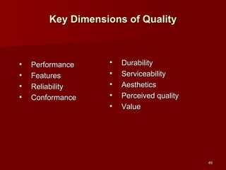 Key Dimensions of Quality Performance Features Reliability Conformance Durability Serviceability Aesthetics Perceived quality Value 
