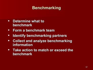 Benchmarking Determine what to  benchmark Form a benchmark team Identify benchmarking partners Collect and analyze benchmarking information Take action to match or exceed the benchmark 