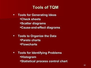 Tools of TQM Tools for Generating Ideas Check sheets Scatter diagrams Cause-and-effect diagrams Tools to Organize the Data Pareto charts Flowcharts Tools for Identifying Problems Histogram Statistical process control chart 