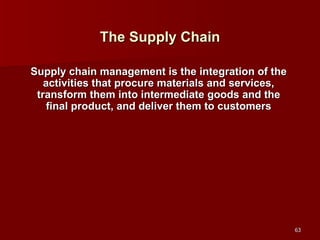 The Supply Chain Supply chain management is the integration of the activities that procure materials and services, transform them into intermediate goods and the final product, and deliver them to customers 