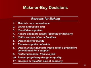Make-or-Buy Decisions Maintain core competence Lower production cost Unsuitable suppliers Assure adequate supply (quantity or delivery) Utilize surplus labor or facilities Obtain desired quality Remove supplier collusion Obtain unique item that would entail a prohibitive commitment for a supplier Protect personnel from a layoff Protect proprietary design or quality Increase or maintain size of company Reasons for Making 
