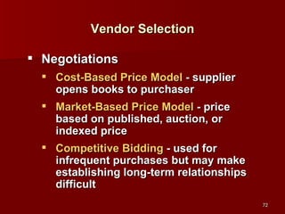 Vendor Selection Negotiations Cost-Based Price Model  - supplier opens books to purchaser Market-Based Price Model  - price based on published, auction, or indexed price Competitive Bidding  - used for infrequent purchases but may make establishing long-term relationships difficult 