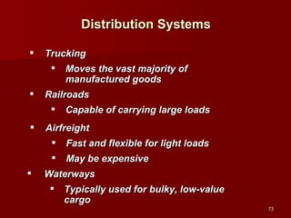 Distribution Systems Trucking Moves the vast majority of manufactured goods Railroads Capable of carrying large loads Airfreight Fast and flexible for light loads May be expensive Waterways Typically used for bulky, low-value cargo 