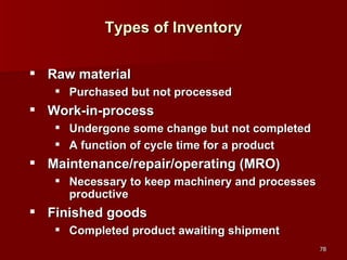 Types of Inventory Raw material Purchased but not processed Work-in-process Undergone some change but not completed A function of cycle time for a product Maintenance/repair/operating (MRO) Necessary to keep machinery and processes productive Finished goods Completed product awaiting shipment 