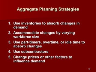 Aggregate Planning Strategies Use inventories to absorb changes in demand Accommodate changes by varying workforce size Use part-timers, overtime, or idle time to absorb changes Use subcontractors Change prices or other factors to influence demand 
