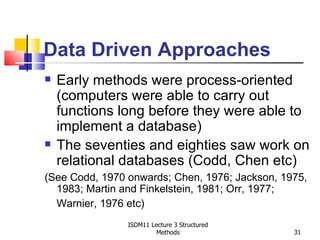 Data Driven Approaches
   Early methods were process-oriented
    (computers were able to carry out
    functions long before they were able to
    implement a database)
   The seventies and eighties saw work on
    relational databases (Codd, Chen etc)
(See Codd, 1970 onwards; Chen, 1976; Jackson, 1975,
  1983; Martin and Finkelstein, 1981; Orr, 1977;
  Warnier, 1976 etc)
                ISDM11 Lecture 3 Structured
                         Methods                31
 