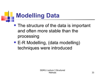 Modelling Data
   The structure of the data is important
    and often more stable than the
    processing
   E-R Modelling, (data modelling)
    techniques were introduced



               ISDM11 Lecture 3 Structured
                        Methods              33
 