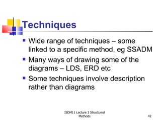 Techniques
   Wide range of techniques – some
    linked to a specific method, eg SSADM
   Many ways of drawing some of the
    diagrams – LDS, ERD etc
   Some techniques involve description
    rather than diagrams


              ISDM11 Lecture 3 Structured
                       Methods              42
 