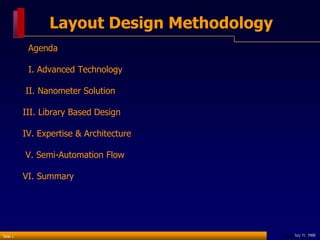 Layout Design Methodology
           Agenda

           I. Advanced Technology

          II. Nanometer Solution

          III. Library Based Design

          IV. Expertise & Architecture

          V. Semi-Automation Flow

          VI. Summary




Slide 1                                          July 31, 2009
                                            Love & Passion
 
