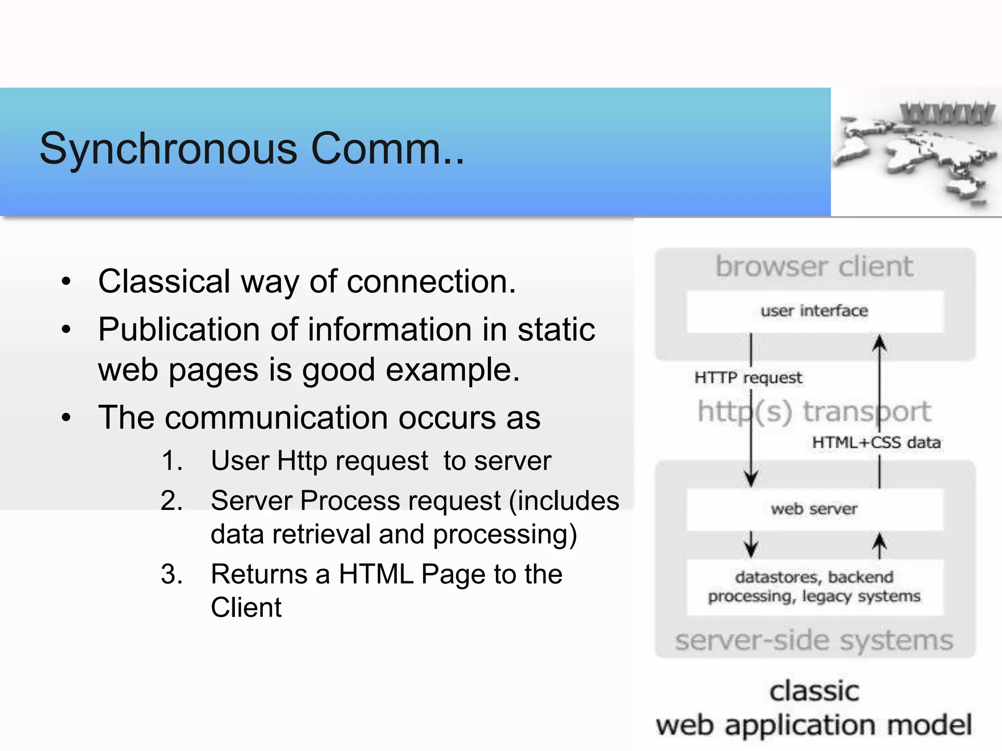 Synchronous Comm..

• Classical way of connection.
• Publication of information in static
  web pages is good example.
• The communication occurs as
       1. User Http request to server
       2. Server Process request (includes
          data retrieval and processing)
       3. Returns a HTML Page to the
          Client
 