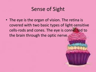 Sense of Sight
• The eye is the organ of vision. The retina is
covered with two basic types of light-sensitive
cells-rods and cones. The eye is connected to
the brain through the optic nerve.
 