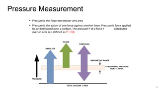 1#
Pressure Measurement
• Pressure is the force exerted per unit area
• Pressure is the action of one force against another force. Pressure is force applied
to, or distributed over, a surface. The pressure P of a force F distributed
over an area A is defined as P = F/A
TOTAL VACUUM - 0 PSIA
PRESSURE
ABSOLUTE
GAUGE
COMPOUND
BAROMETRIC RANGE
ATMOSPHERIC PRESSURE
NOM. 14.7 PSIA
 