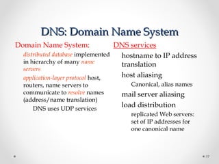 DNS: Domain Name SystemDNS: Domain Name System
19
Domain Name System:
distributed database implemented
in hierarchy of many name
servers
application-layer protocol host,
routers, name servers to
communicate to resolve names
(address/name translation)
DNS uses UDP services
DNS services
hostname to IP address
translation
host aliasing
Canonical, alias names
mail server aliasing
load distribution
replicated Web servers:
set of IP addresses for
one canonical name
 