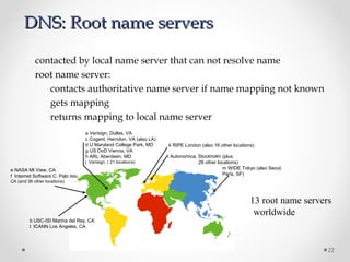 22
DNS: Root name serversDNS: Root name servers
contacted by local name server that can not resolve name
root name server:
contacts authoritative name server if name mapping not known
gets mapping
returns mapping to local name server
13 root name servers
worldwide
b USC-ISI Marina del Rey, CA
l ICANN Los Angeles, CA
e NASA Mt View, CA
f Internet Software C. Palo Alto,
CA (and 36 other locations)
i Autonomica, Stockholm (plus
28 other locations)
k RIPE London (also 16 other locations)
m WIDE Tokyo (also Seoul,
Paris, SF)
a Verisign, Dulles, VA
c Cogent, Herndon, VA (also LA)
d U Maryland College Park, MD
g US DoD Vienna, VA
h ARL Aberdeen, MD
j Verisign, ( 21 locations)
 