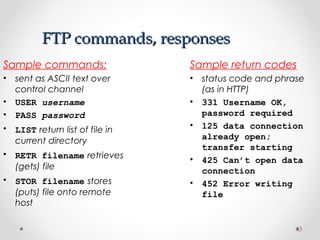 FTP commands, responsesFTP commands, responses
Sample commands:
• sent as ASCII text over
control channel
• USER username
• PASS password
• LIST return list of file in
current directory
• RETR filename retrieves
(gets) file
• STOR filename stores
(puts) file onto remote
host
Sample return codes
• status code and phrase
(as in HTTP)
• 331 Username OK,
password required
• 125 data connection
already open;
transfer starting
• 425 Can’t open data
connection
• 452 Error writing
file
4343
 
