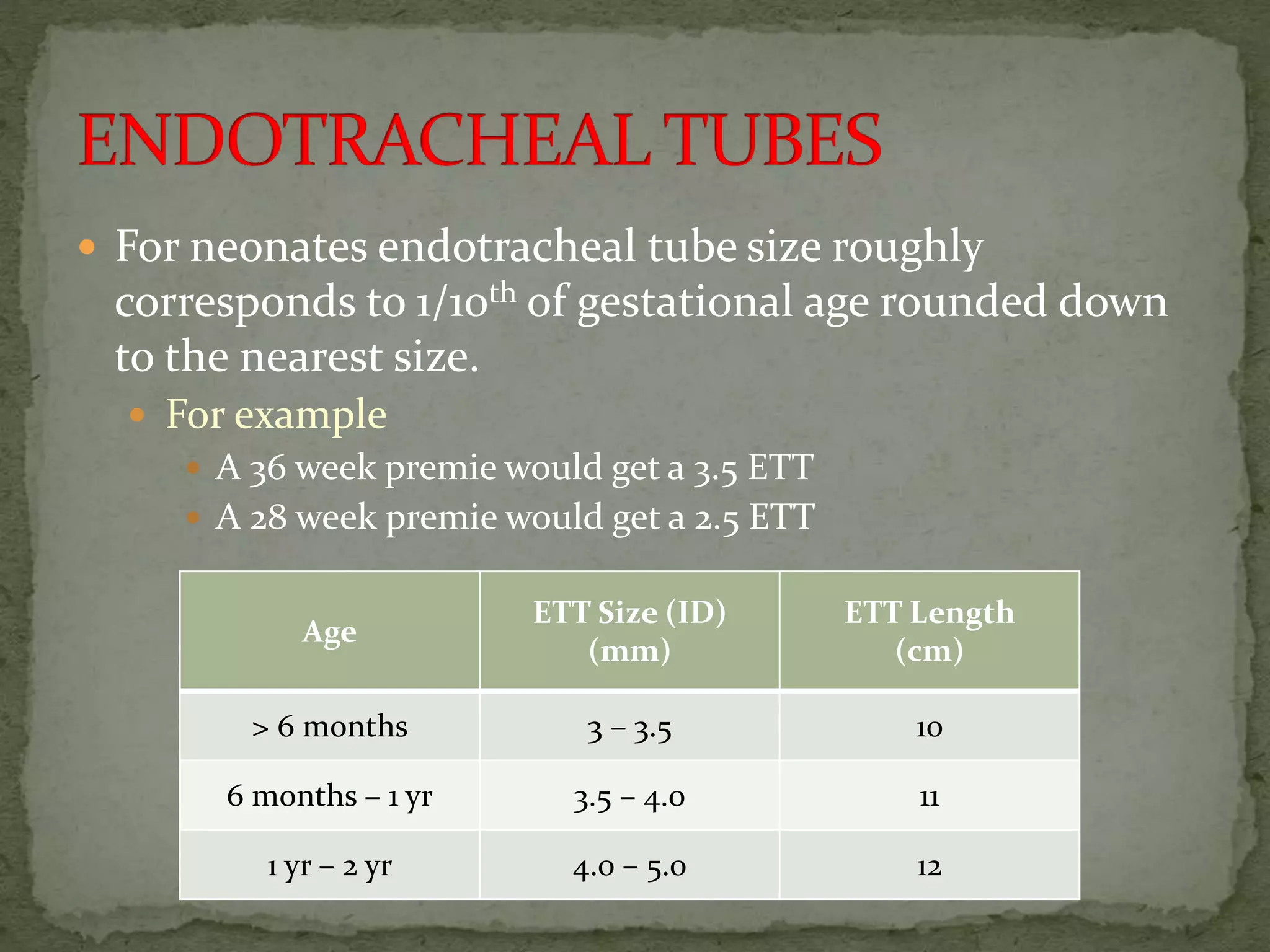  For neonates endotracheal tube size roughly
corresponds to 1/10th of gestational age rounded down
to the nearest size.
 For example
 A 36 week premie would get a 3.5 ETT
 A 28 week premie would get a 2.5 ETT
Age
ETT Size (ID)
(mm)
ETT Length
(cm)
> 6 months 3 – 3.5 10
6 months – 1 yr 3.5 – 4.0 11
1 yr – 2 yr 4.0 – 5.0 12
 