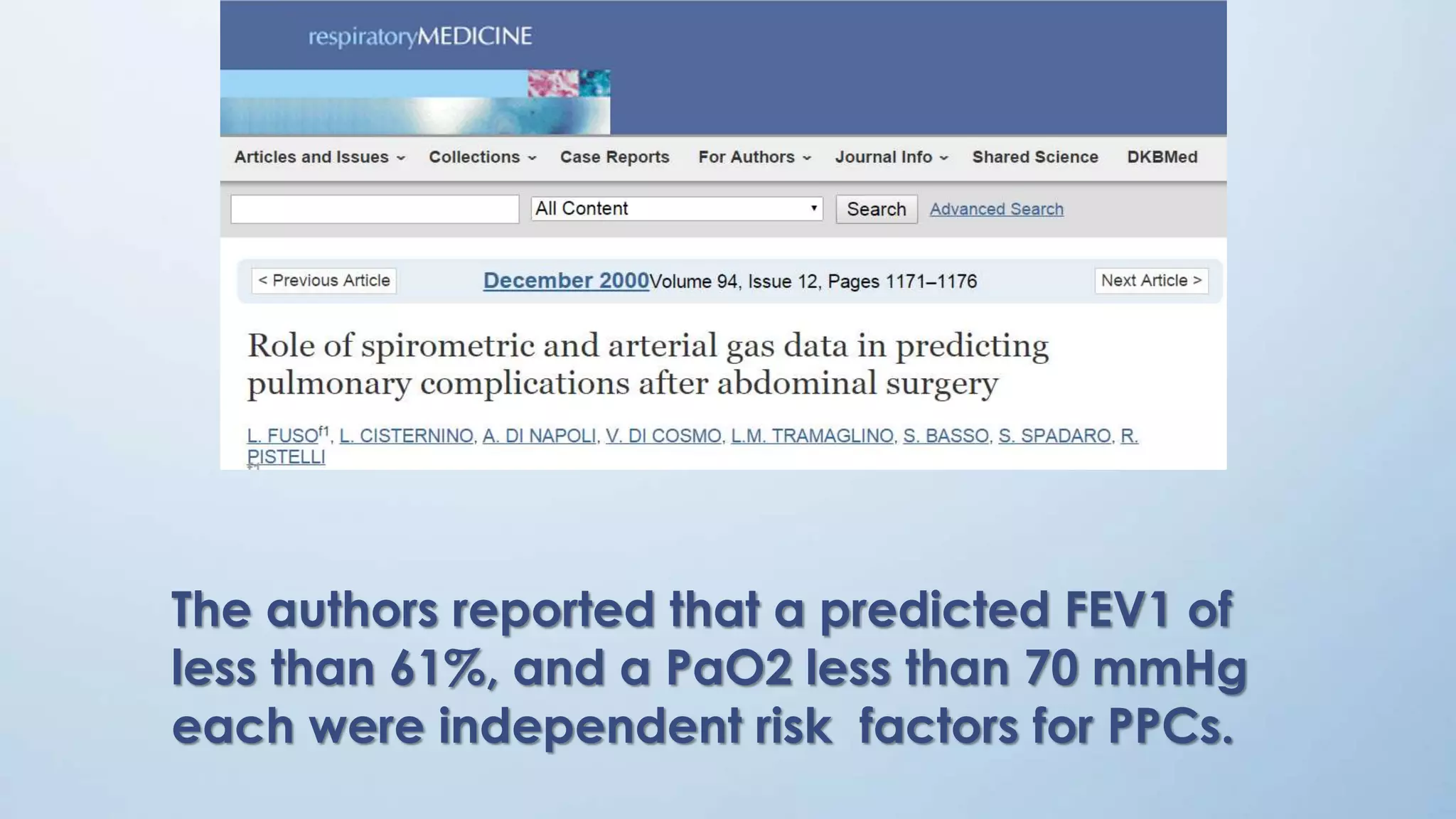 The authors reported that a predicted FEV1 of
less than 61%, and a PaO2 less than 70 mmHg
each were independent risk factors for PPCs.
 
