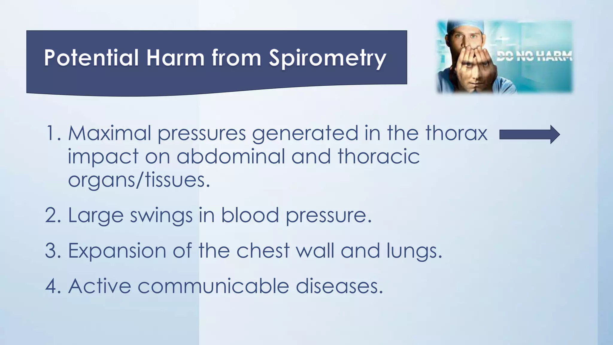 1. Maximal pressures generated in the thorax
impact on abdominal and thoracic
organs/tissues.
2. Large swings in blood pressure.
3. Expansion of the chest wall and lungs.
4. Active communicable diseases.
 
