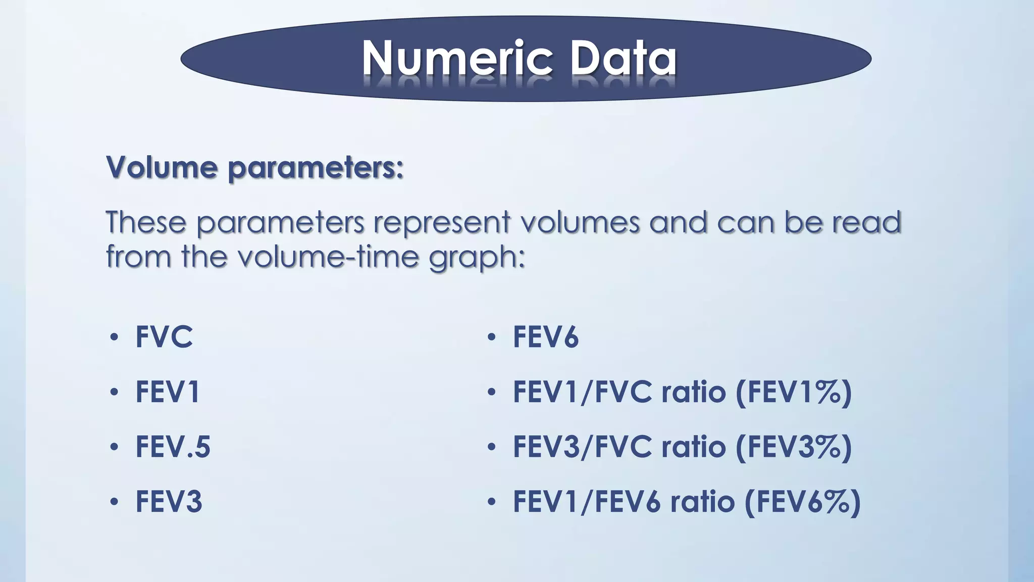 Numeric Data
Volume parameters:
These parameters represent volumes and can be read
from the volume-time graph:
• FVC
• FEV1
• FEV.5
• FEV3
• FEV6
• FEV1/FVC ratio (FEV1%)
• FEV3/FVC ratio (FEV3%)
• FEV1/FEV6 ratio (FEV6%)
 
