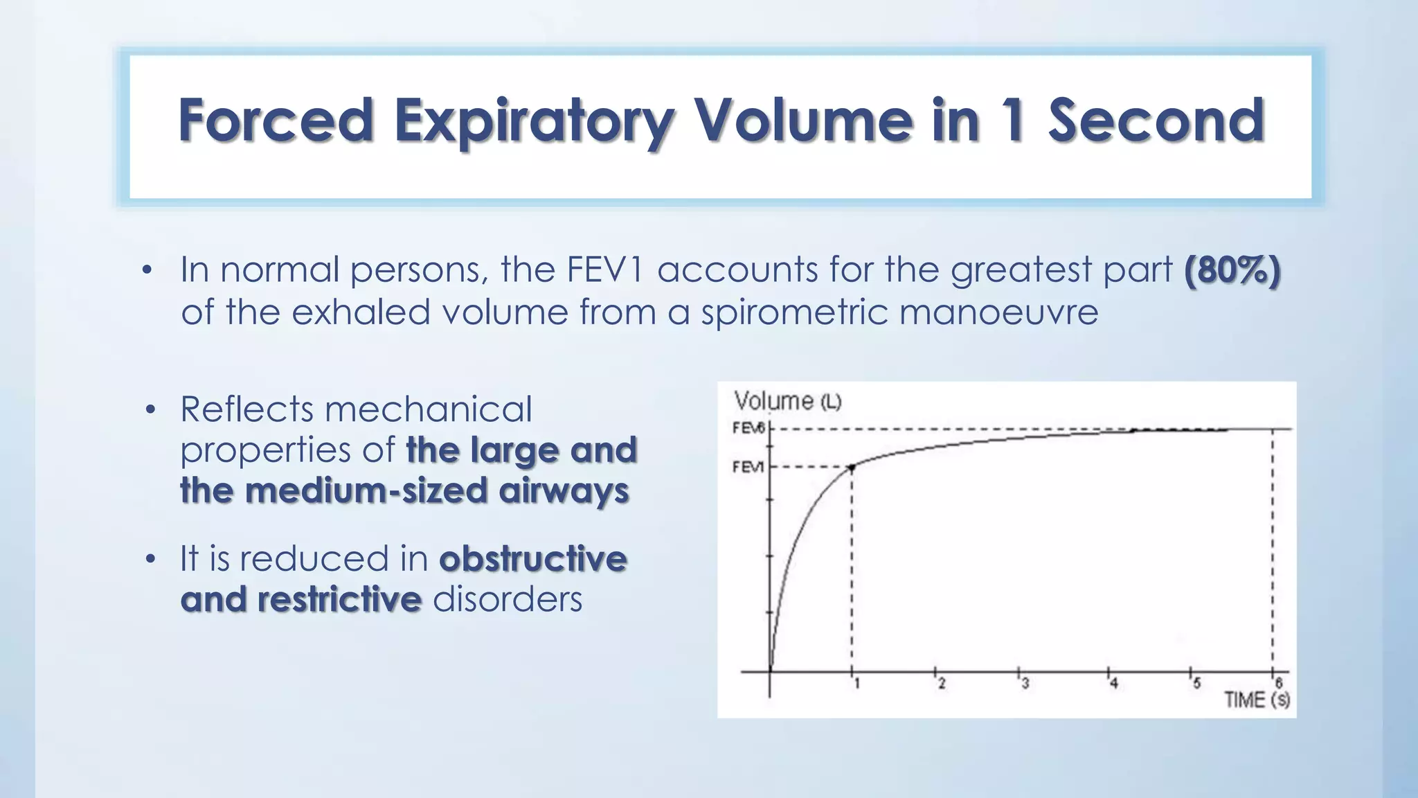 Forced Expiratory Volume in 1 Second
• Reflects mechanical
properties of the large and
the medium-sized airways
• It is reduced in obstructive
and restrictive disorders
• In normal persons, the FEV1 accounts for the greatest part (80%)
of the exhaled volume from a spirometric manoeuvre
 