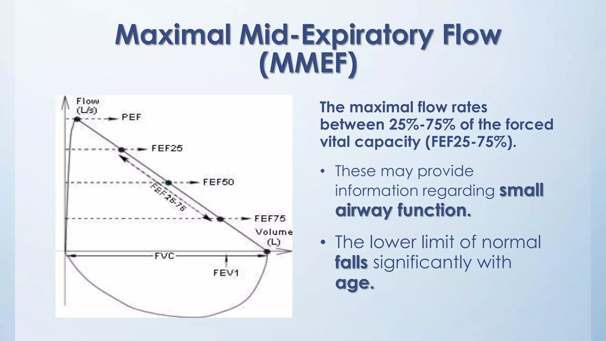 Maximal Mid-Expiratory Flow
(MMEF)
The maximal flow rates
between 25%-75% of the forced
vital capacity (FEF25-75%).
• These may provide
information regarding small
airway function.
• The lower limit of normal
falls significantly with
age.
 