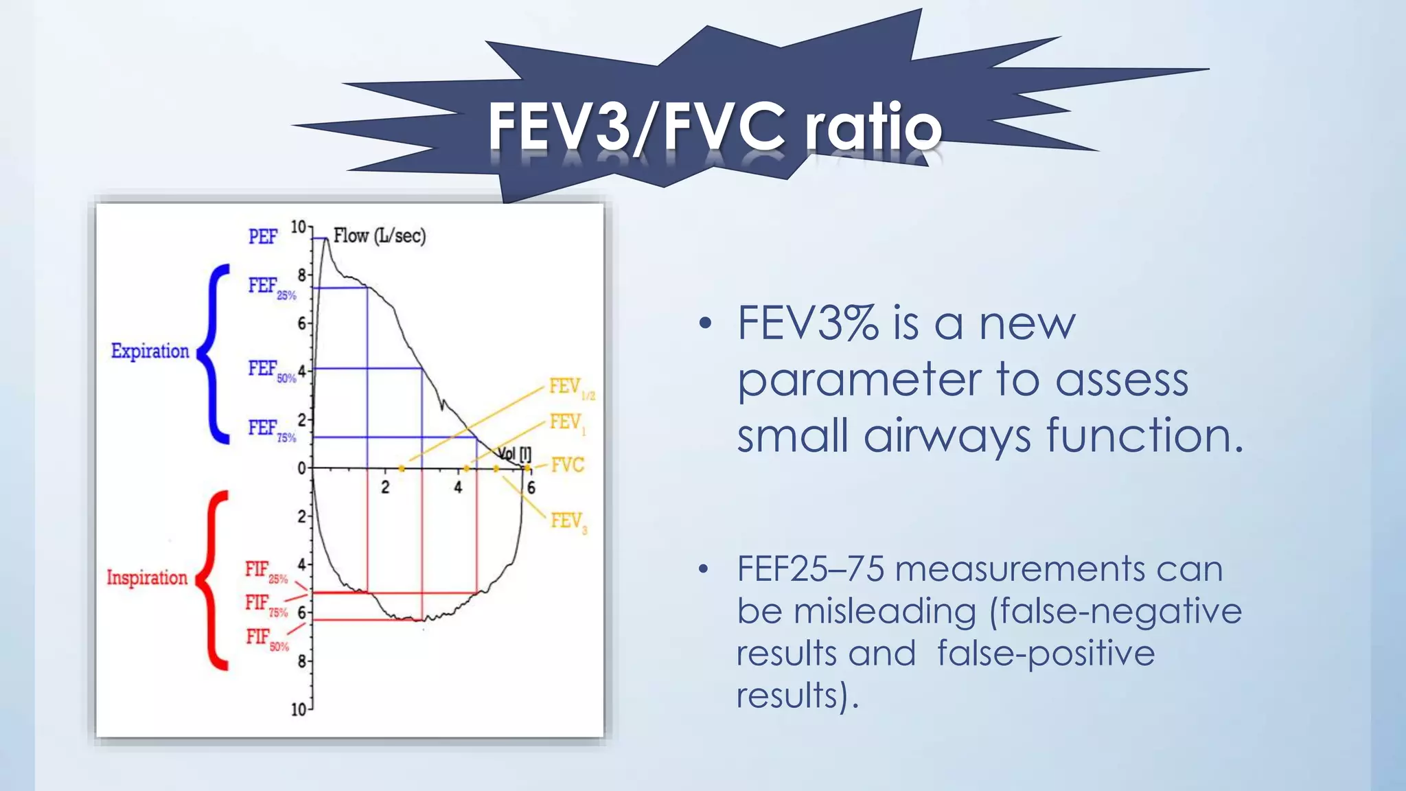 FEV3/FVC ratio
• FEV3% is a new
parameter to assess
small airways function.
• FEF25–75 measurements can
be misleading (false-negative
results and false-positive
results).
 