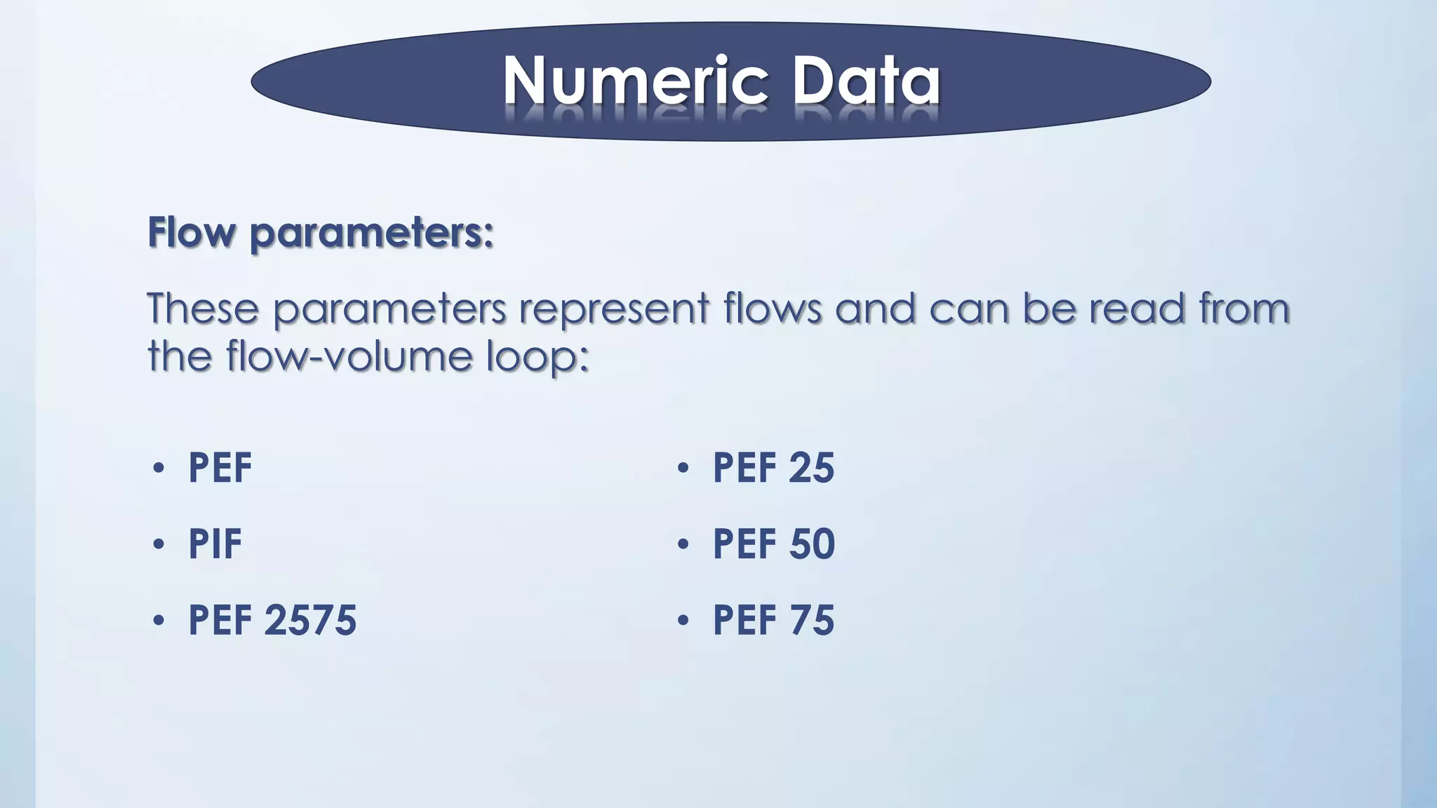 Numeric Data
Flow parameters:
These parameters represent flows and can be read from
the flow-volume loop:
• PEF
• PIF
• PEF 2575
• PEF 25
• PEF 50
• PEF 75
 