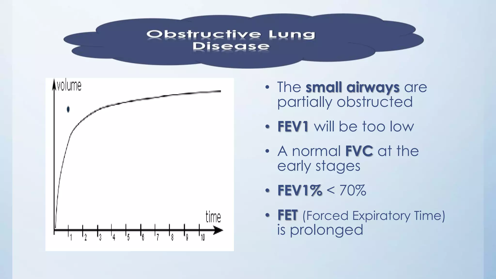 • The small airways are
partially obstructed
• FEV1 will be too low
• A normal FVC at the
early stages
• FEV1% < 70%
• FET (Forced Expiratory Time)
is prolonged
 