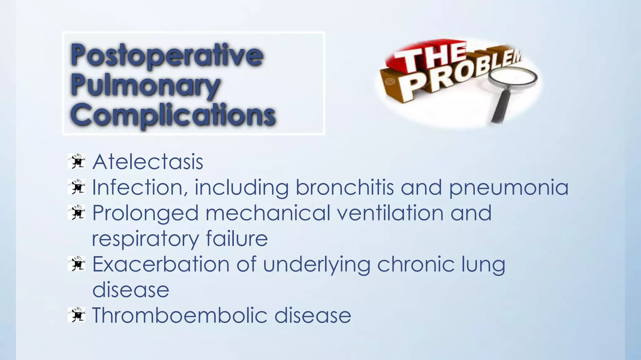 Postoperative
Pulmonary
Complications
Atelectasis
Infection, including bronchitis and pneumonia
Prolonged mechanical ventilation and
respiratory failure
Exacerbation of underlying chronic lung
disease
Thromboembolic disease
 