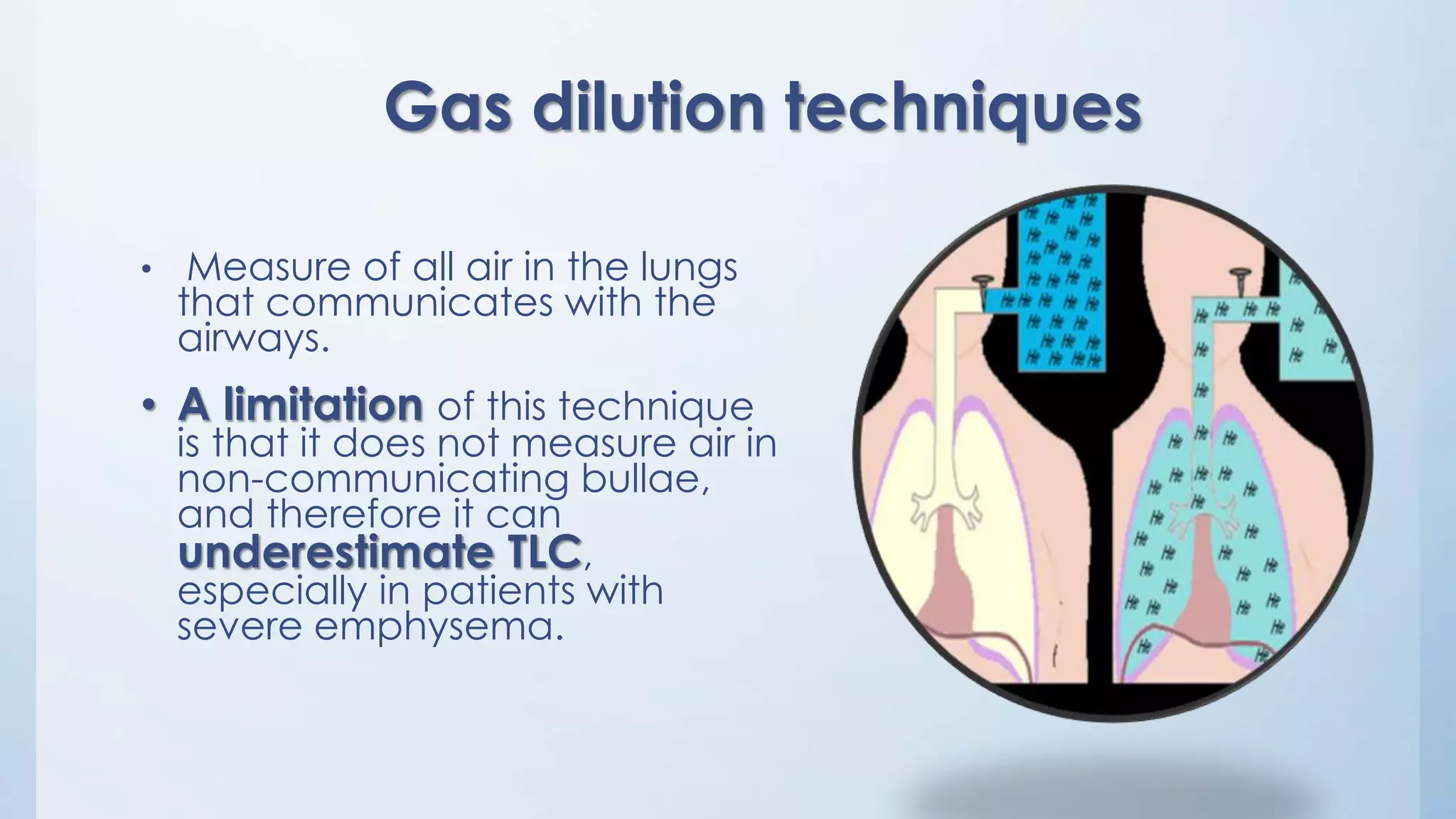 Gas dilution techniques
• Measure of all air in the lungs
that communicates with the
airways.
• A limitation of this technique
is that it does not measure air in
non-communicating bullae,
and therefore it can
underestimate TLC,
especially in patients with
severe emphysema.
 