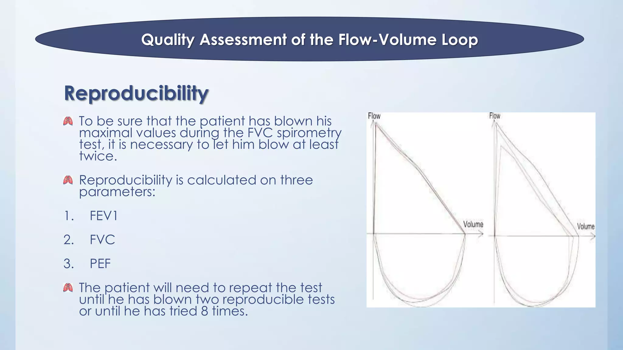 Reproducibility
To be sure that the patient has blown his
maximal values during the FVC spirometry
test, it is necessary to let him blow at least
twice.
Reproducibility is calculated on three
parameters:
1. FEV1
2. FVC
3. PEF
The patient will need to repeat the test
until he has blown two reproducible tests
or until he has tried 8 times.
Quality Assessment of the Flow-Volume Loop
 