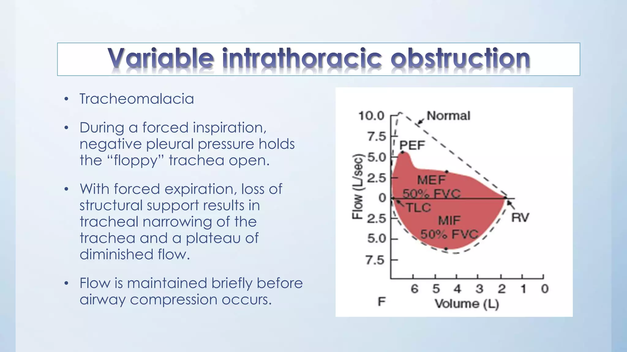 • Tracheomalacia
• During a forced inspiration,
negative pleural pressure holds
the “floppy” trachea open.
• With forced expiration, loss of
structural support results in
tracheal narrowing of the
trachea and a plateau of
diminished flow.
• Flow is maintained briefly before
airway compression occurs.
 