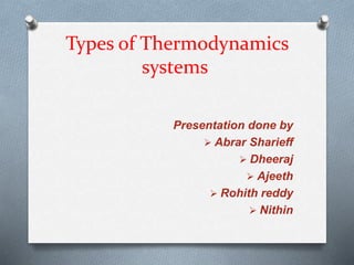 Types of Thermodynamics
systems
Presentation done by
 Abrar Sharieff
 Dheeraj
 Ajeeth
 Rohith reddy
 Nithin
 