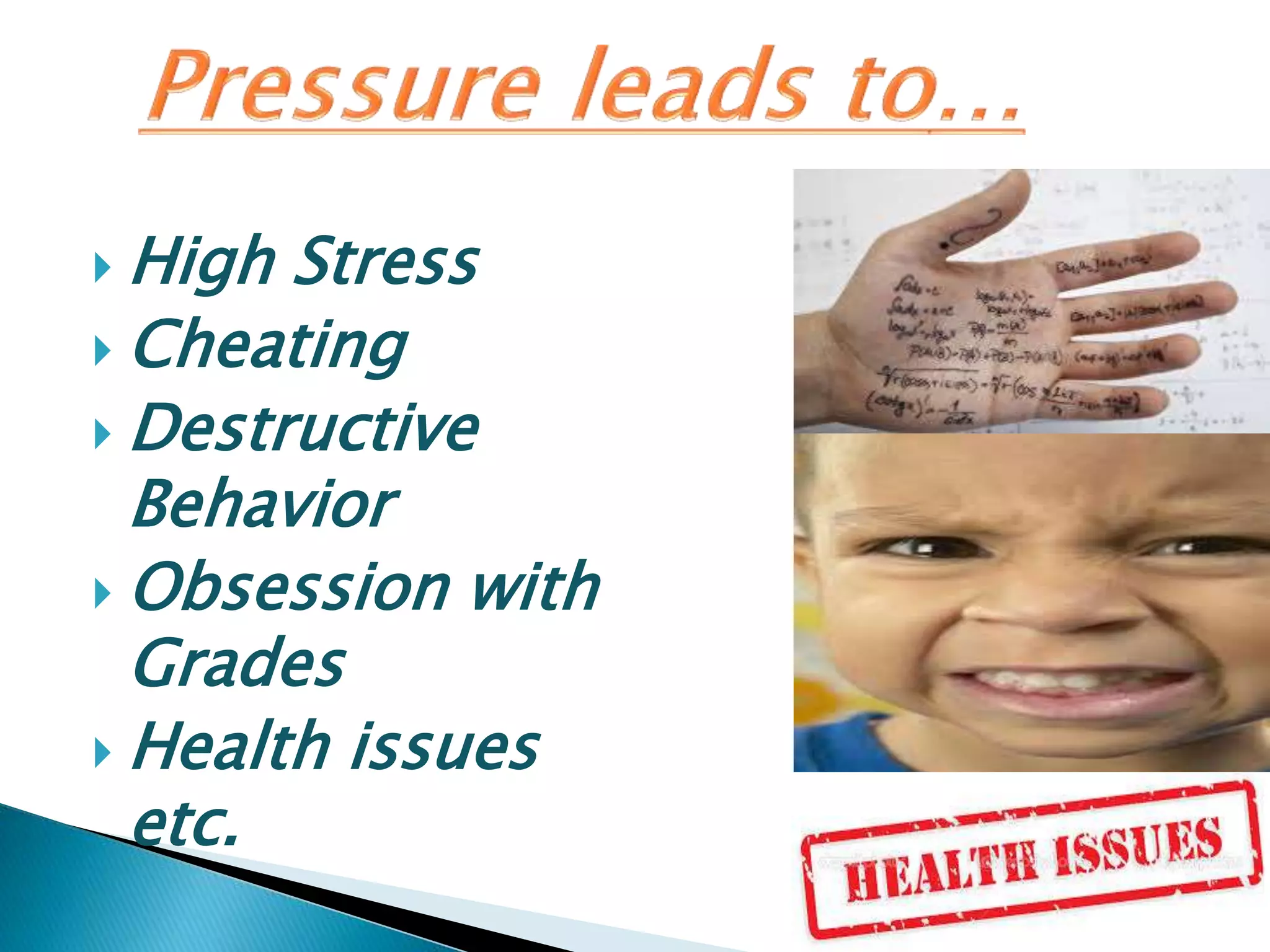  High Stress
 Cheating
 Destructive
Behavior
 Obsession with
Grades
 Health issues
etc.
 