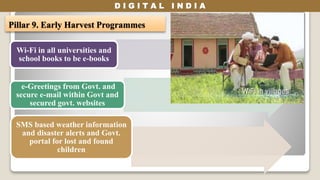 D I G I T A L I N D I A
Pillar 9. Early Harvest Programmes
Wi-Fi in all universities and
school books to be e-books
e-Greetings from Govt. and
secure e-mail within Govt and
secured govt. websites
SMS based weather information
and disaster alerts and Govt.
portal for lost and found
children
 