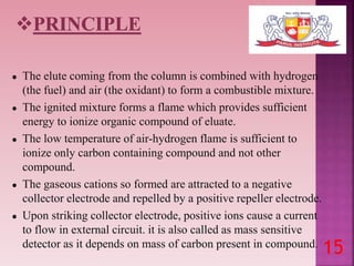 ● The elute coming from the column is combined with hydrogen
(the fuel) and air (the oxidant) to form a combustible mixture.
● The ignited mixture forms a flame which provides sufficient
energy to ionize organic compound of eluate.
● The low temperature of air-hydrogen flame is sufficient to
ionize only carbon containing compound and not other
compound.
● The gaseous cations so formed are attracted to a negative
collector electrode and repelled by a positive repeller electrode.
● Upon striking collector electrode, positive ions cause a current
to flow in external circuit. it is also called as mass sensitive
detector as it depends on mass of carbon present in compound.
15
 