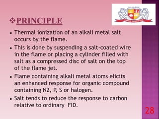 ● Thermal ionization of an alkali metal salt
occurs by the flame.
● This is done by suspending a salt-coated wire
in the flame or placing a cylinder filled with
salt as a compressed disc of salt on the top
of the flame jet.
● Flame containing alkali metal atoms elicits
an enhanced response for organic compound
containing N2, P, S or halogen.
● Salt tends to reduce the response to carbon
relative to ordinary FID.
28
 