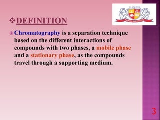  Chromatography is a separation technique
based on the different interactions of
compounds with two phases, a mobile phase
and a stationary phase, as the compounds
travel through a supporting medium.
3
 