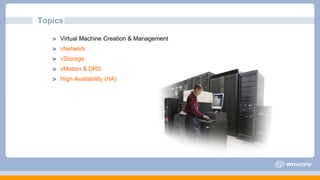 Virtual Machine Creation & Management
vNetwork
vStorage
vMotion & DRS
High Availability (HA)
Topics
 