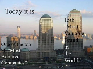15th
"Most
Valuable
Brand
in
the
World"
One of the top
30 "Most
Admired
Companies”
Today it is
 