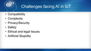 Challenges facing AI in IoT
• Compatibility
• Complexity
• Privacy/Security
• Safety
• Ethical and legal Issues
• Artificial Stupidity
 