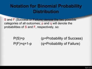 Notation for Binomial Probability
Distribution
S and F (Success or Failure) denote the two possible
categories of all outcomes; p and q will denote the
probabilities of S and F, respectively, so:
P(S)=p (p=Probability of Success)
P(F)=q=1-p (q=Probability of Failure)
 